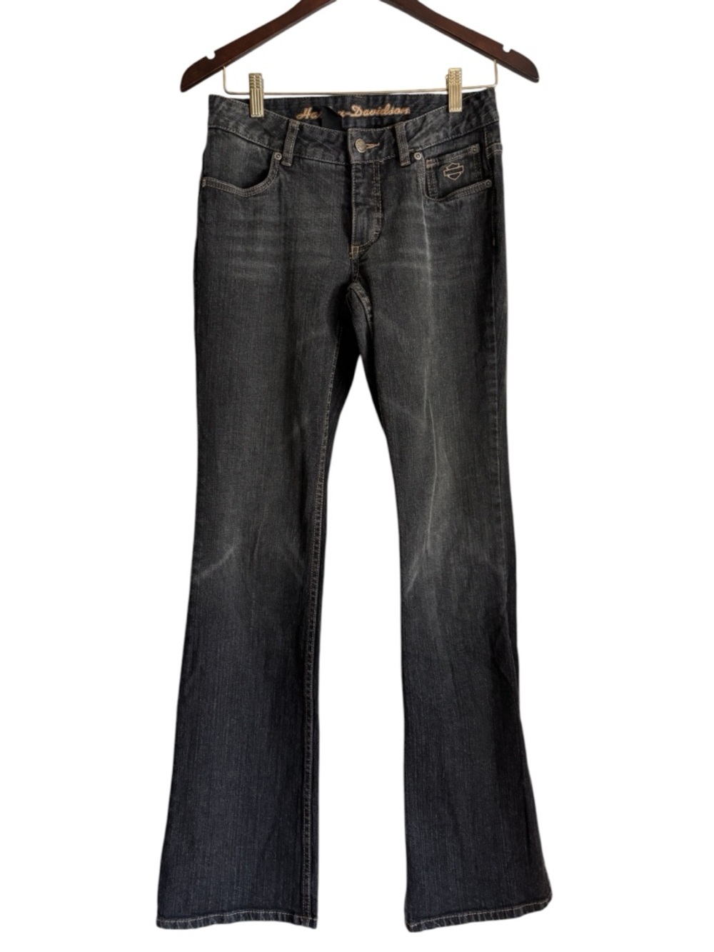 VTG Harley-Davidson Low Rise Flare Jeans Grey Black Wash Size 2 Long Y2K 2008